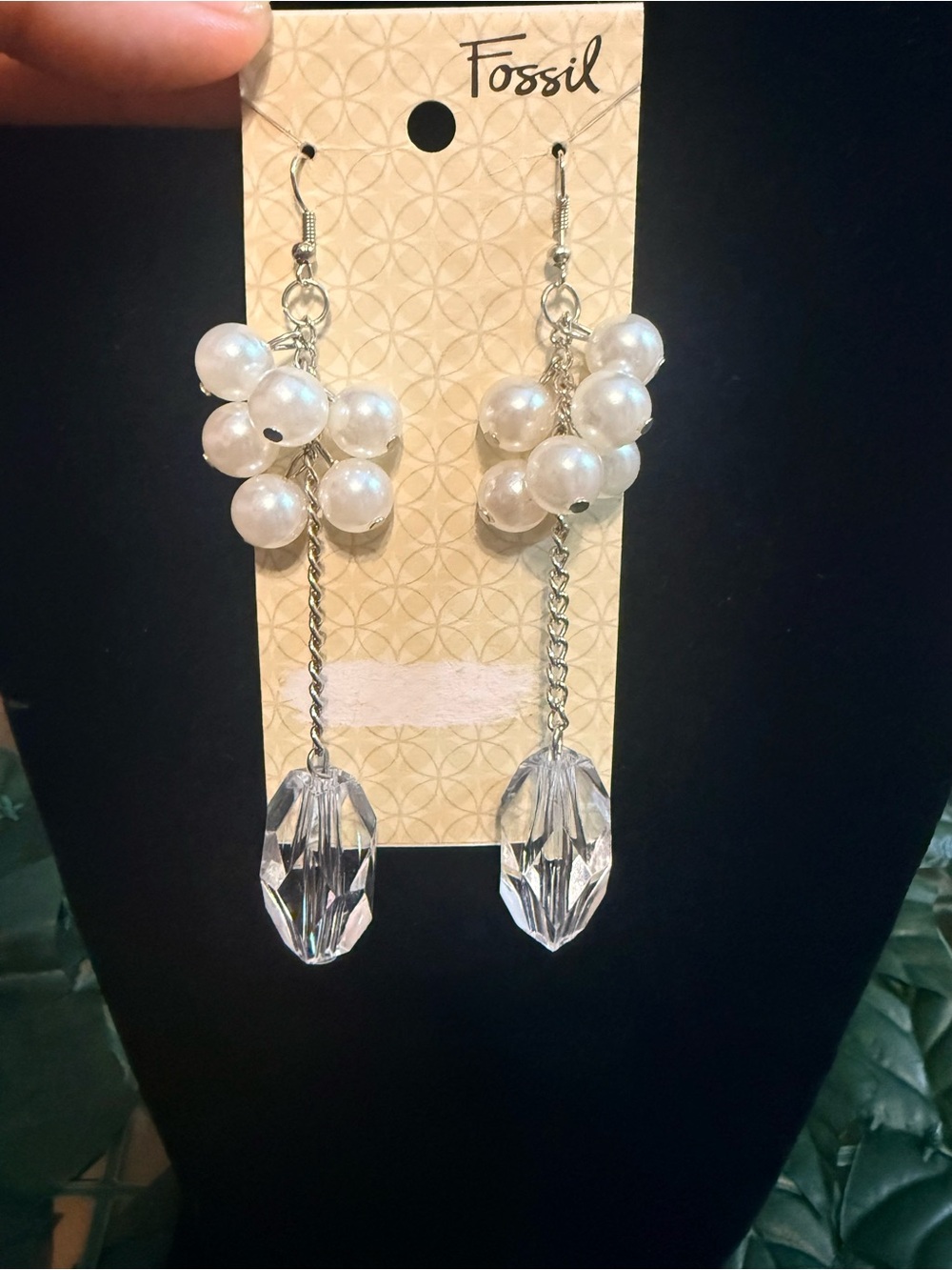 Fossil Silver-Tone Faux Pearl Cluster Drop Earrings with Clear Crystal Pendants